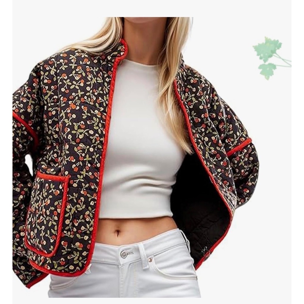 Quilted Puffer Jacket Floral Berry Print Red Trim Medium